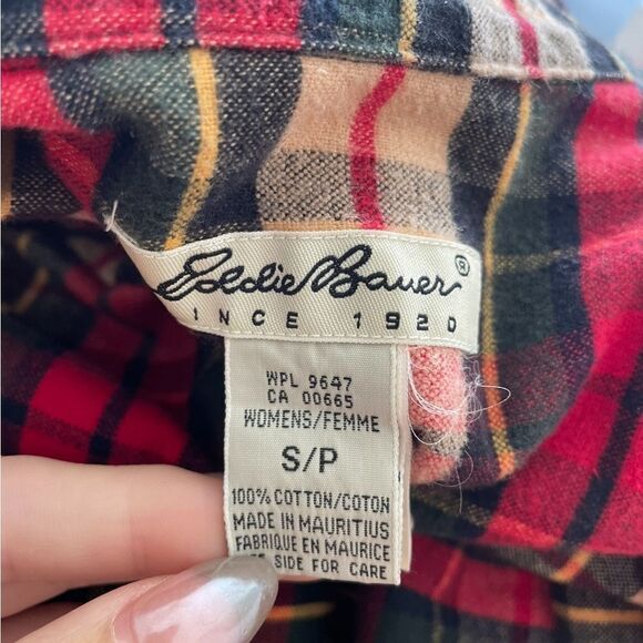 Vintage Eddie Bauer Plaid‎ Half Zip Flannel Sweater Top Sz Small Red Oversized - Picture 5 of 5